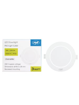 LED прожектор PNI D-Light CL2503 3W, вграден, кръгъл, 90.5*28mm, 6400K, 230V захранване, 330 lm, бял