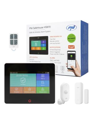 Безжична алармена система PNI SafeHouse HS670 WiFi GSM 4G, цветен сензорен екран, 99 безжични зони, поддържа 5 телефонни номера