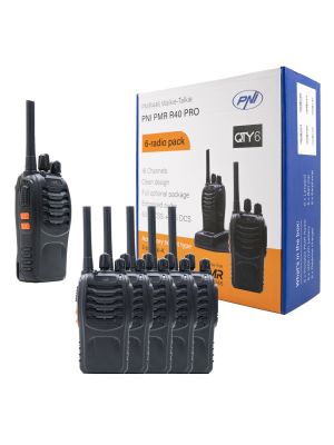 Включен комплект от 6 преносими радиостанции PNI PMR R40 PRO батерии, зарядни устройства и слушалки