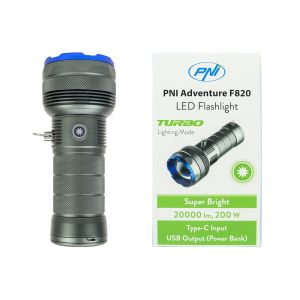 Фенер PNI Adventure F820 200 W, 3 нива на осветеност плюс Turbo, 20000 лумена, до 350 м, 2600 mAh батерия, I