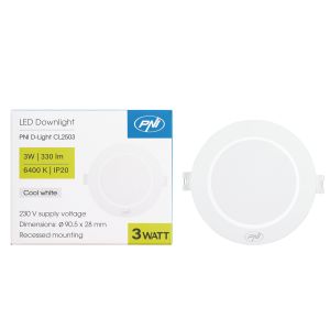 LED прожектор PNI D-Light CL2503 3W, вграден, кръгъл, 90.5*28mm, 6400K, 230V захранване, 330 lm, бял