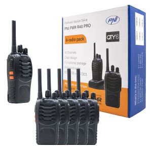 Включен комплект от 6 преносими радиостанции PNI PMR R40 PRO батерии, зарядни устройства и слушалки